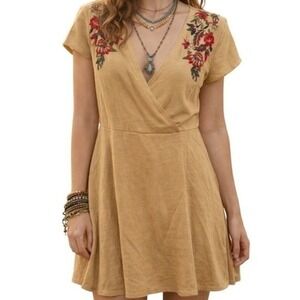 ZARA S Boho Embroidered Faux Wrap Bohemian Festival Spring Summer Mini Dress